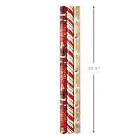 Papier d'emballage réversible de Noël, Hallmark, père Noël classique (Paquet de 3 rouleaux : 120 pieds carrés au total) flocons de neige rouges et or, rayures, motif écossais, traîneau du père Noël