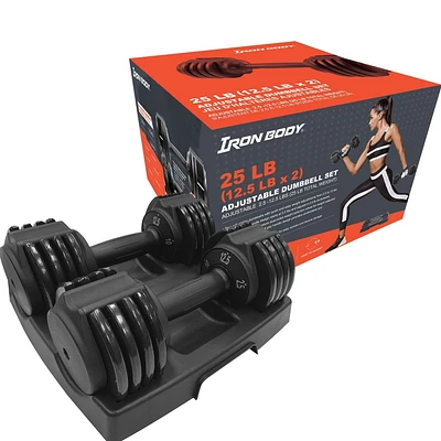 IBF Iron Body Fitness Jeu d'haltères ajustables - 25 lb. (11,34 kg) - 2 x 12,5 lb (5,67 kg) - S'ajuste facilement par incréments de 2,5 lb (1,3 kg) à partir de 2,5 lb. (1,3 kg) à 12,5 lb (5,67 kg) cha