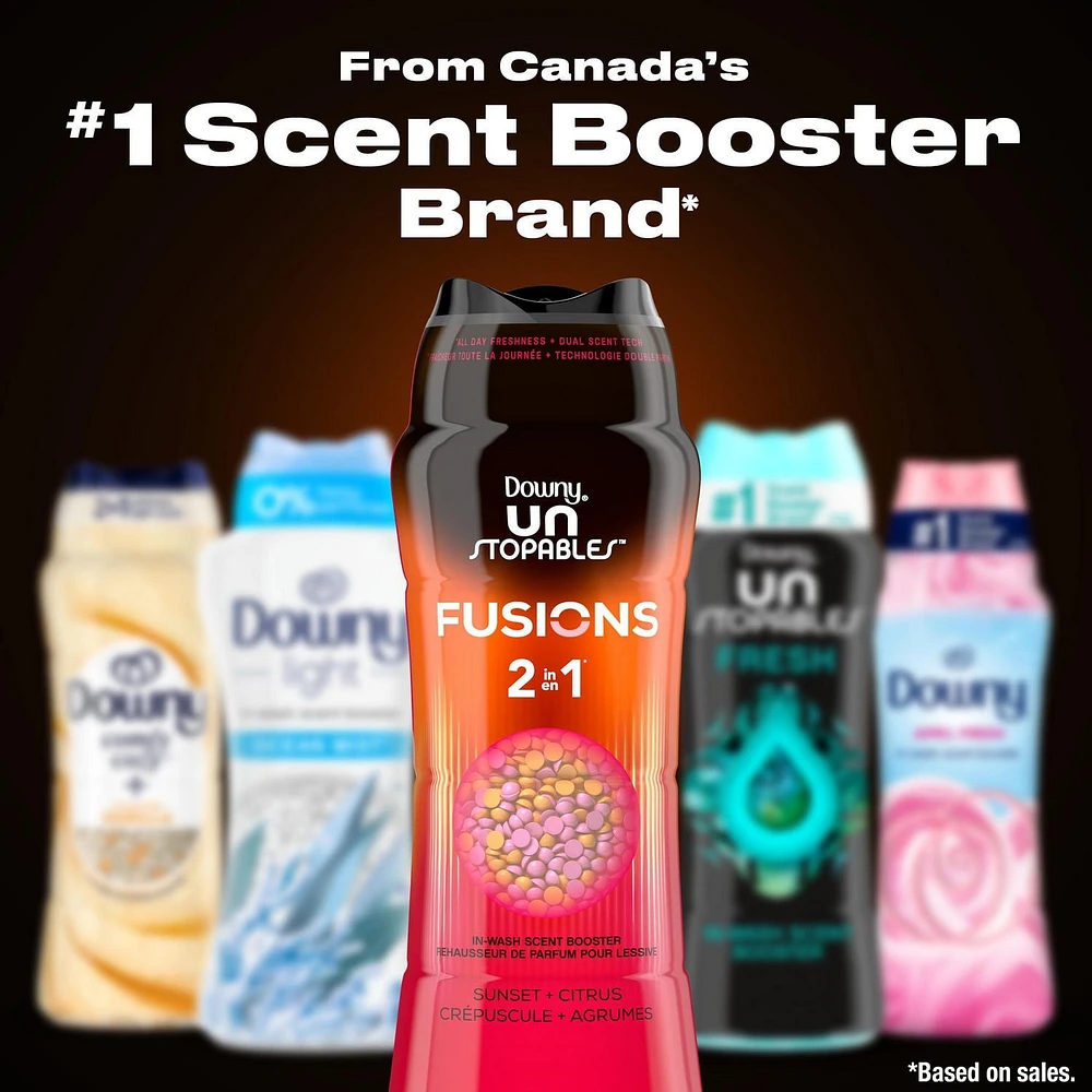 Perles rehausse-parfum pour lessive Downy Unstopables Fusions, parfum Coucher de soleil et agrumes, fraîcheur 2 en 1 toute la journée 303G