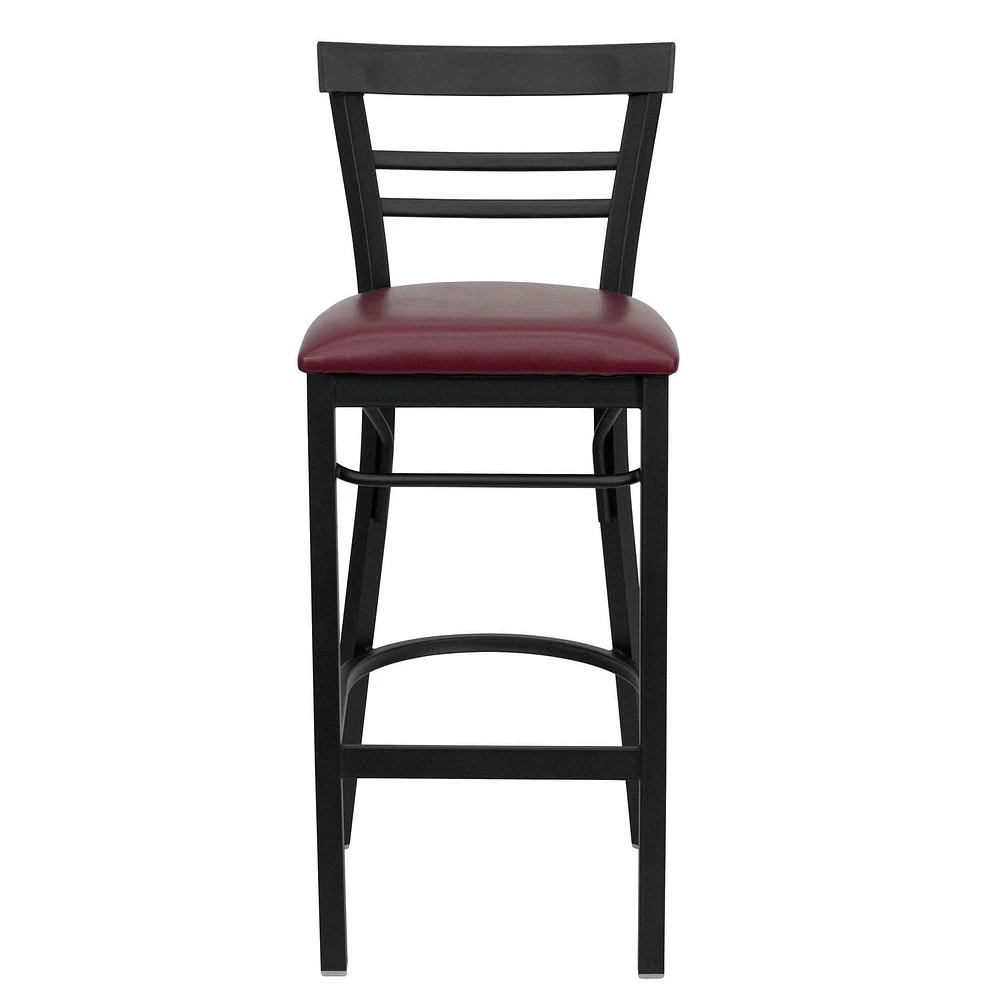 Lot de 2 pièces - Tabouret de bar de la série HERCULES en métal noir avec dossier échelle à deux lattes - Siège en vinyle bourgogne