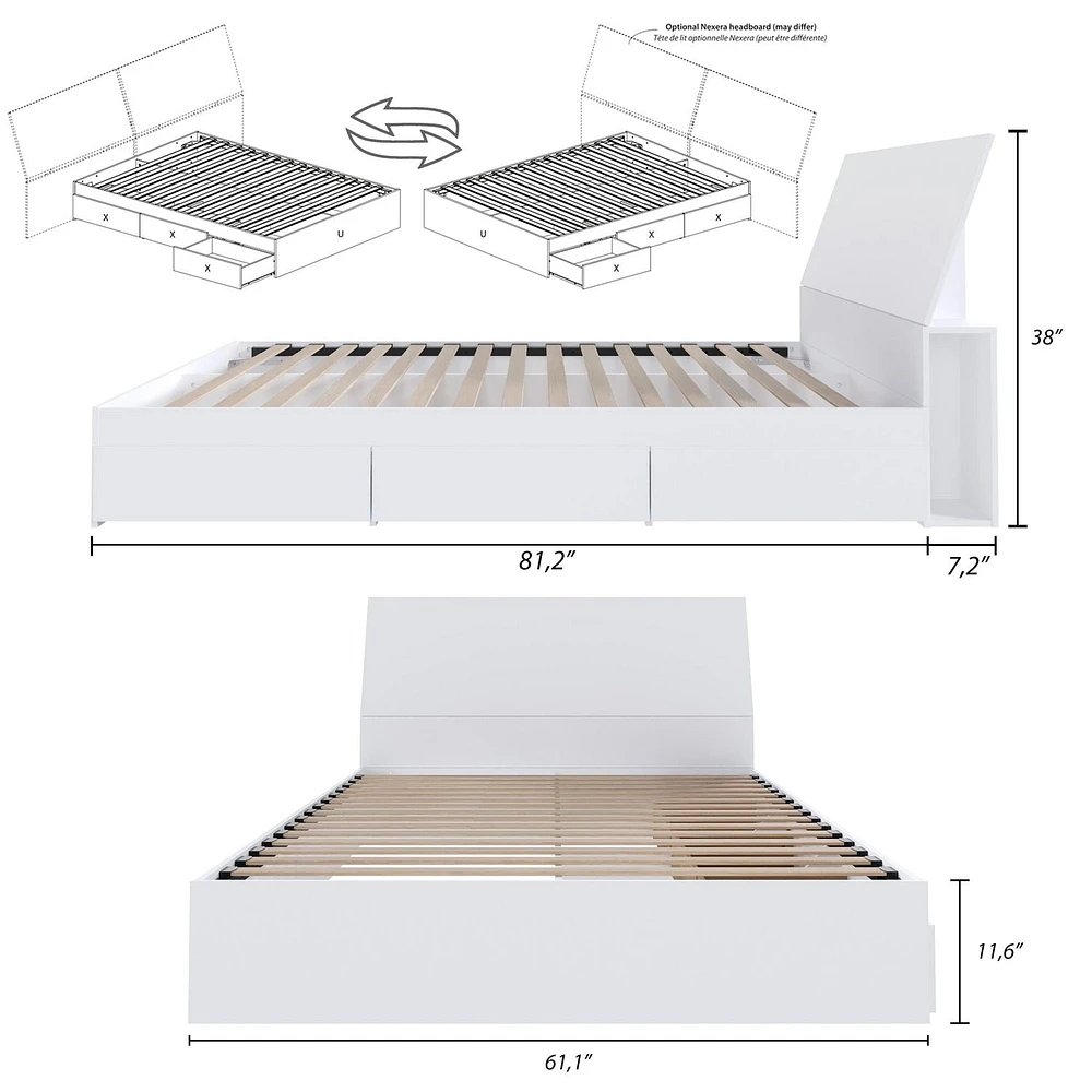 Lit rangement queen avec tête de lit Paris de Nexera, fini blanc