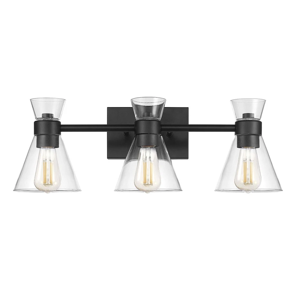 Applique murale à 3 ampoules noir mat avec abat-jours en verre transparent
