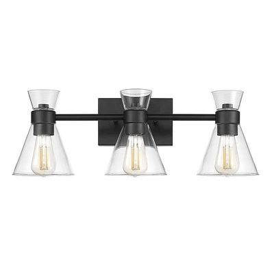 Applique murale à 3 ampoules noir mat avec abat-jours en verre transparent