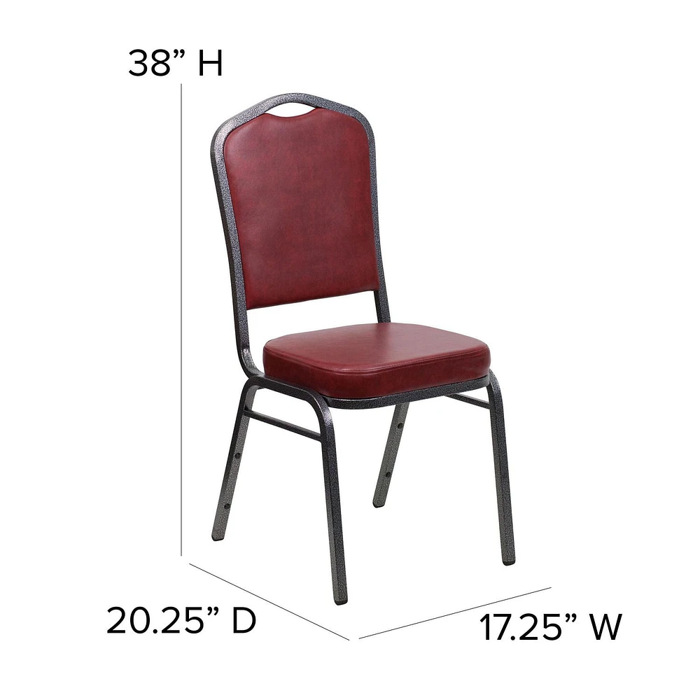 Lot de 4 pièces - Chaise de banquet empilable de la série HERCULES avec dossier couronne en vinyle bourgogne - Cadre veine d'argent