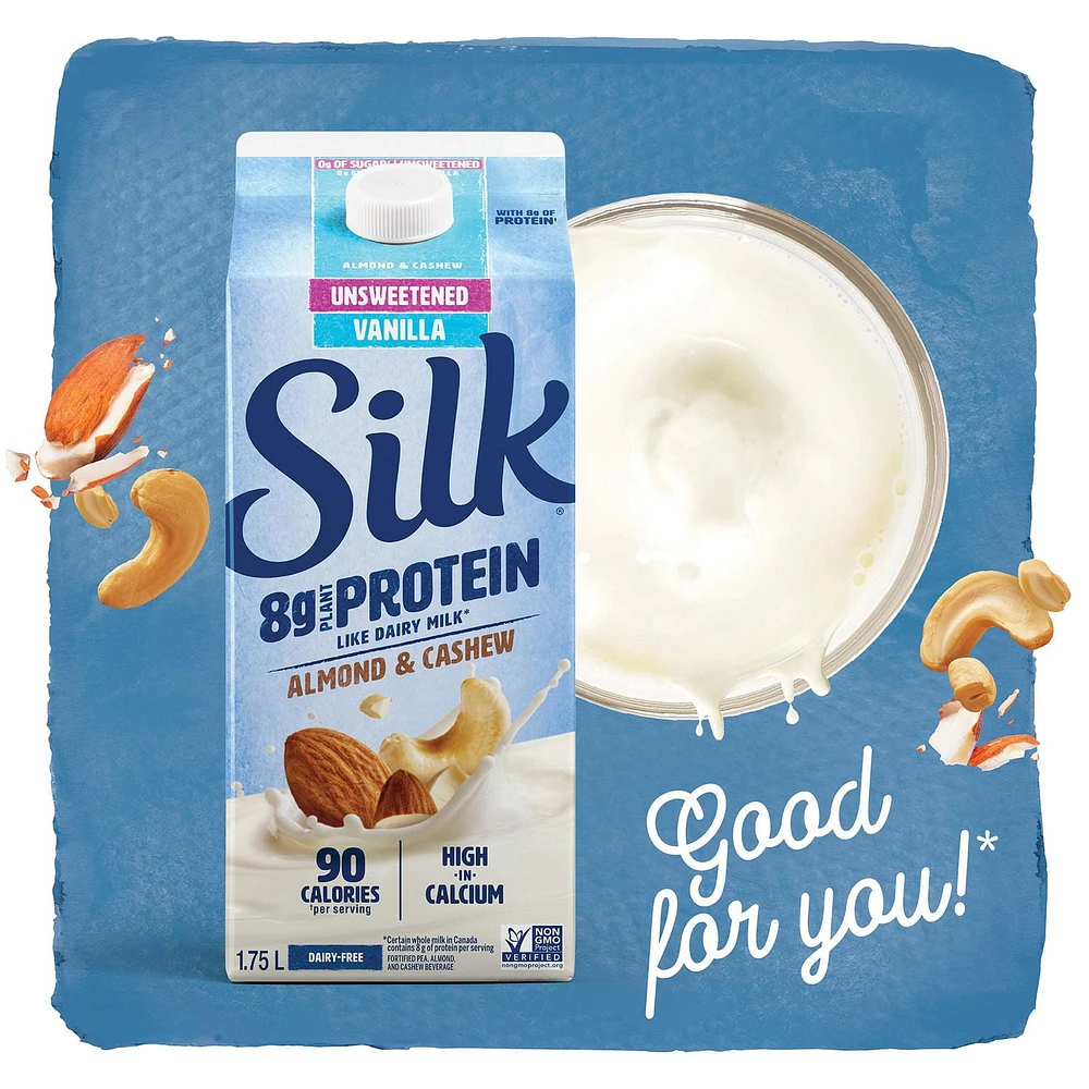 Silk Protein Almond & Cashew Milk Alternative, Vanilla, Unsweetened, Dairy-free, Plant Based, 1.75 L