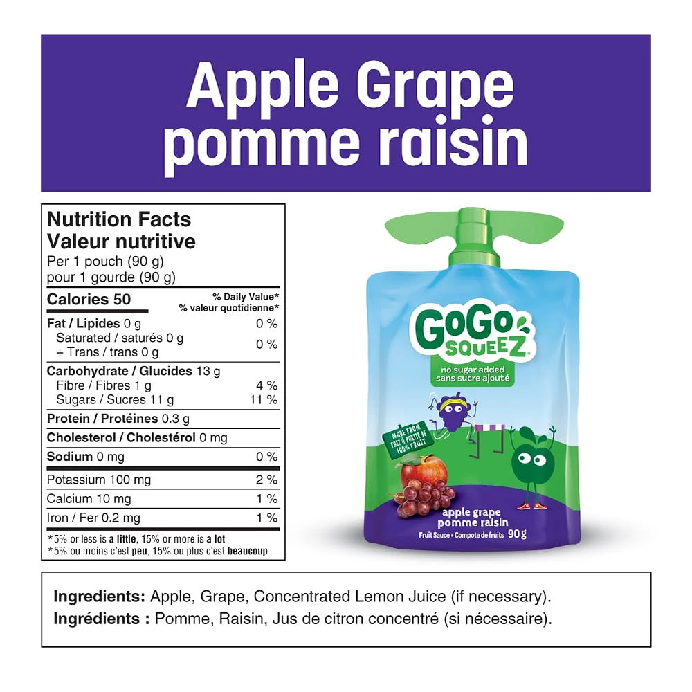 Emballage assortis de compote de fruits GoGo squeeZ , pomme, raisin, petits fruits, sans sucre ajouté. 90 g par gourde, emballage de 20 1,8 kg