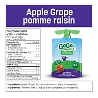Emballage assortis de compote de fruits GoGo squeeZ , pomme, raisin, petits fruits, sans sucre ajouté. 90 g par gourde, emballage de 20 1,8 kg