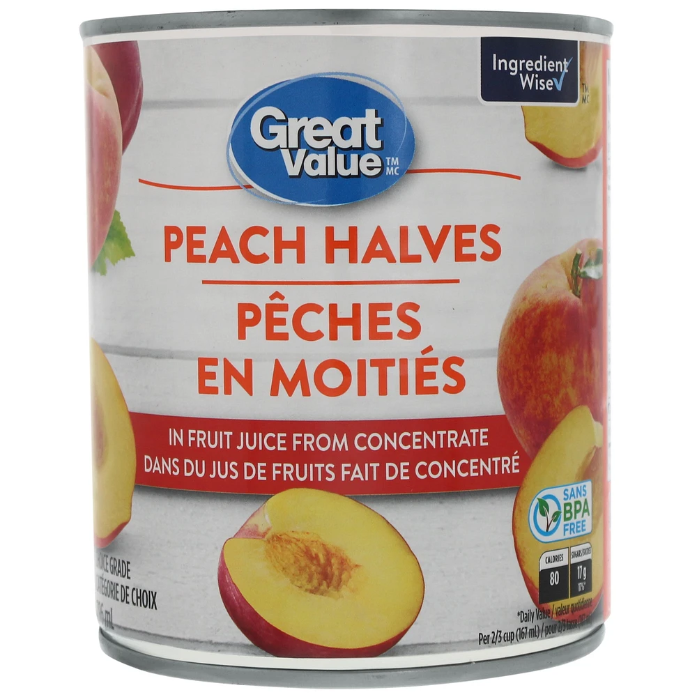 Pêches en moitiés dans du jus de fruits fait de concentré Great Value 796 ml