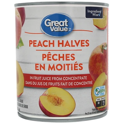 Pêches en moitiés dans du jus de fruits fait de concentré Great Value 796 ml