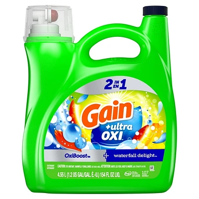 Détergent à lessive liquide Gain Ultra Oxi, parfum Waterfall Delight, 2 en 1, convient aux laveuses HE