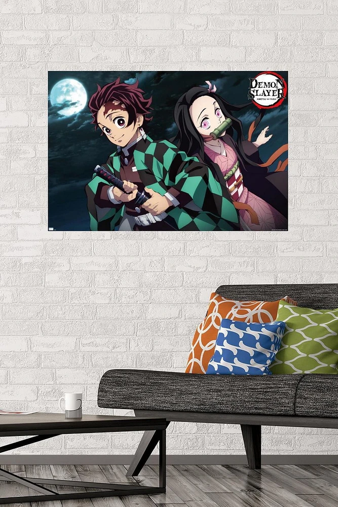 Demon Slayer - Tanjiro & Nezuko Night 22.375" x 34" Wall Poster with Push Pins, by Trends International