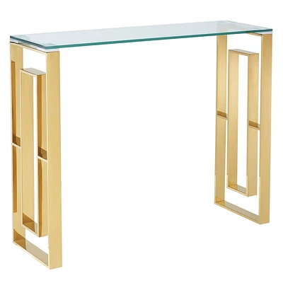 Console/bureau contemporain en acier inoxydable et verre – doré