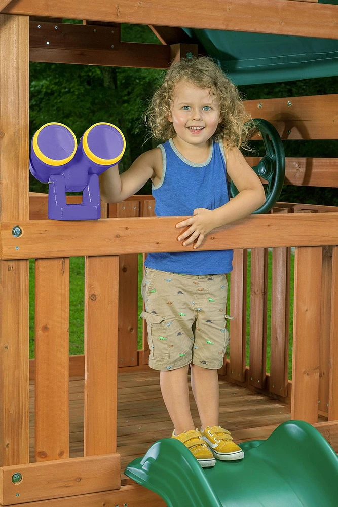 Mountain View Playset with Tarp Roof, Monkey Bars, Climbing Wall & Slide