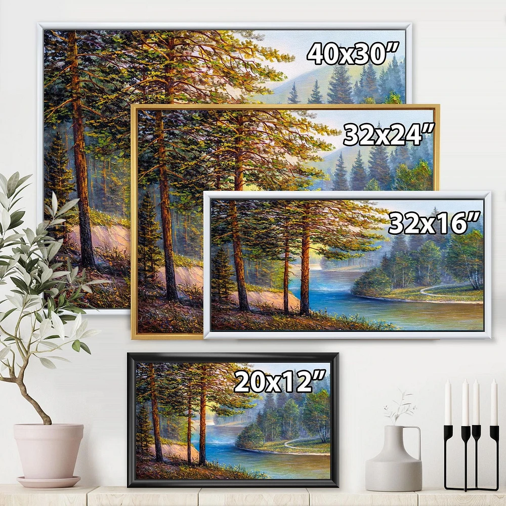 Designart Lumière du soleil du matin à travers la forêt de pins et de sapins ART MURAL À CADRE FLOTTÉ