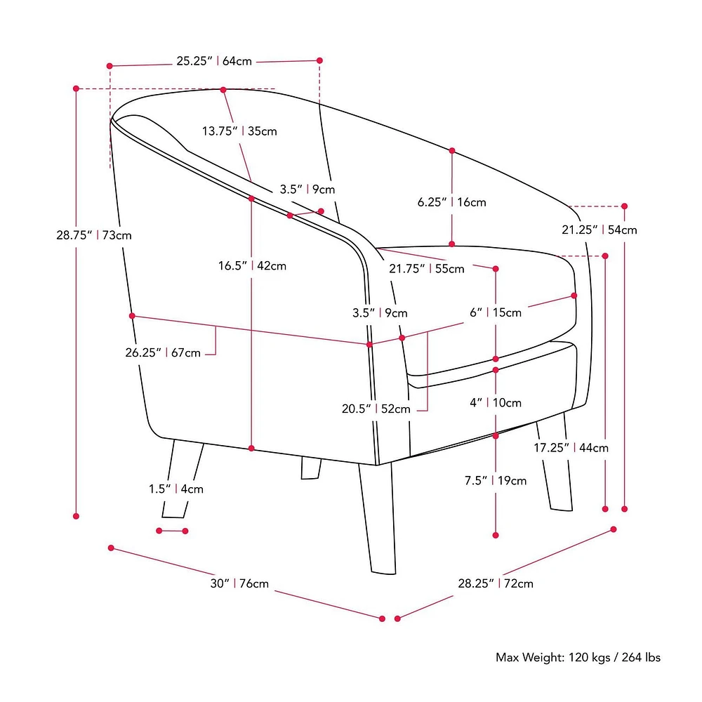 CorLiving Eliza Chaise de baignoire moderne rembourrée de 28 po de largeur avec pattes effilées