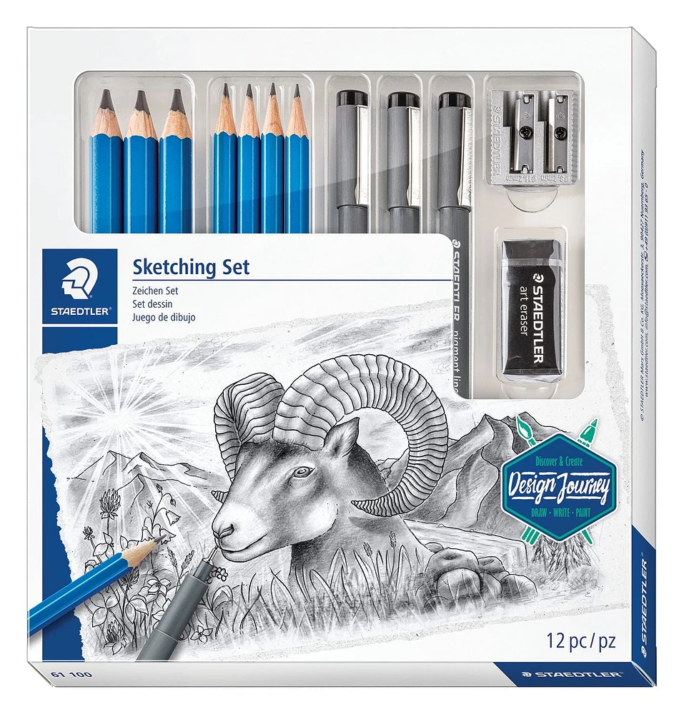 Staedtler Mars Lumograph Art Set | Drawing Kit with Art Pencils, Drawing Pens, Eraser and Double Hole Sharpener 61 100, Lumograph Drawing set