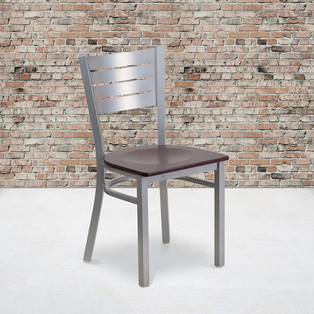 HERCULES Series Silver Slat Back Metal Restaurant Chair - Cherry Wood Seat