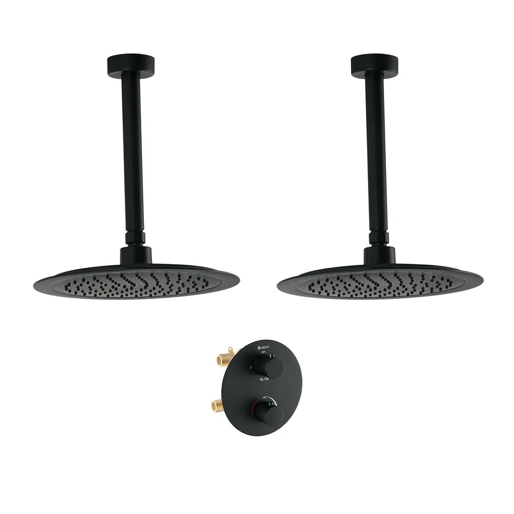 Ensemble de douche thermostatique d'akuaplus(MD) avec Déviateur 4 voies, 2 pommeaux de douche de 9.5 po ou simultanément avec arrêt, fini noir mat