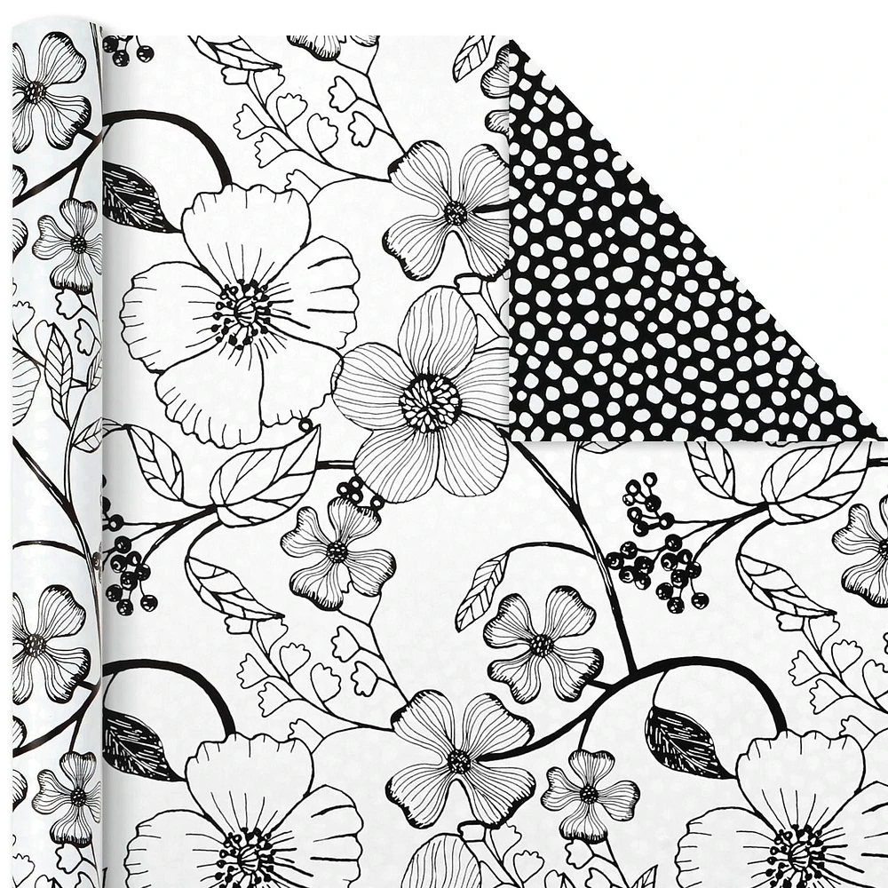 Hallmark All Occasion Reversible Wrapping Paper Bundle - Black and White Flowers and Dots (3-Pack: 75 sq. ft. ttl.)