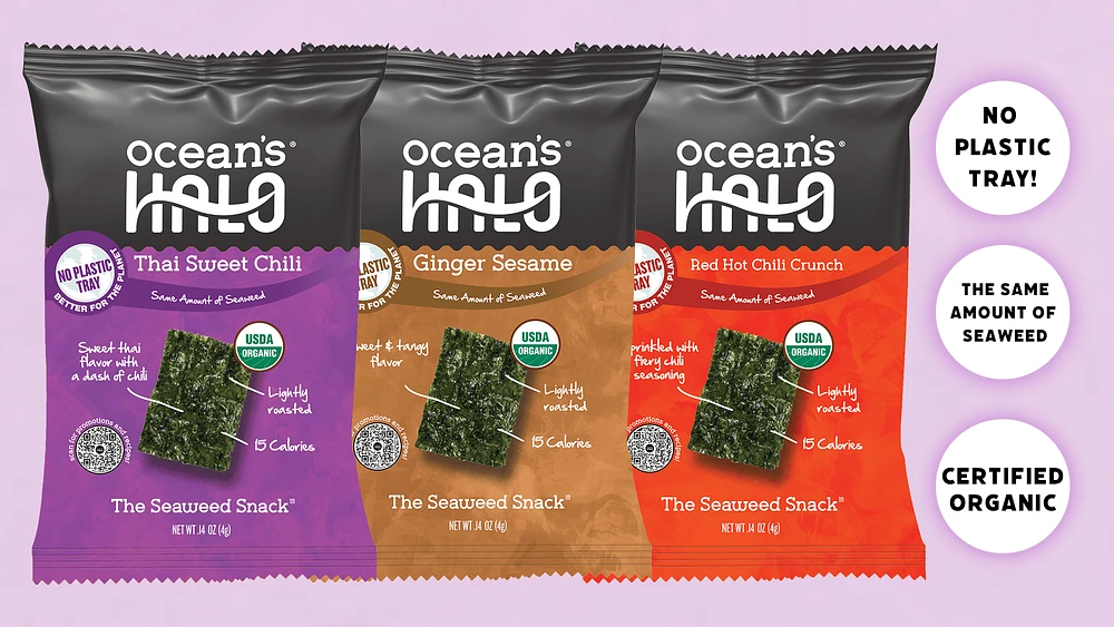 Ocean's Halo collation d'algues à saveur de sésame gingembre, biologique, 5 collations individuelles de 4 g OCEAN'S HALO ORG COLLATION D'ALGUES GING SES