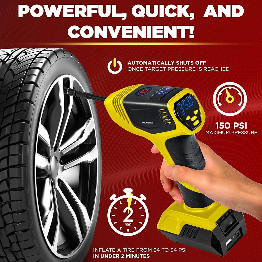 Bullseye Pro Digital Tire Pressure Gauge Air Pump 150 PSI w/Gauge Display Screen, Yellow,<br>As Seen On Tv