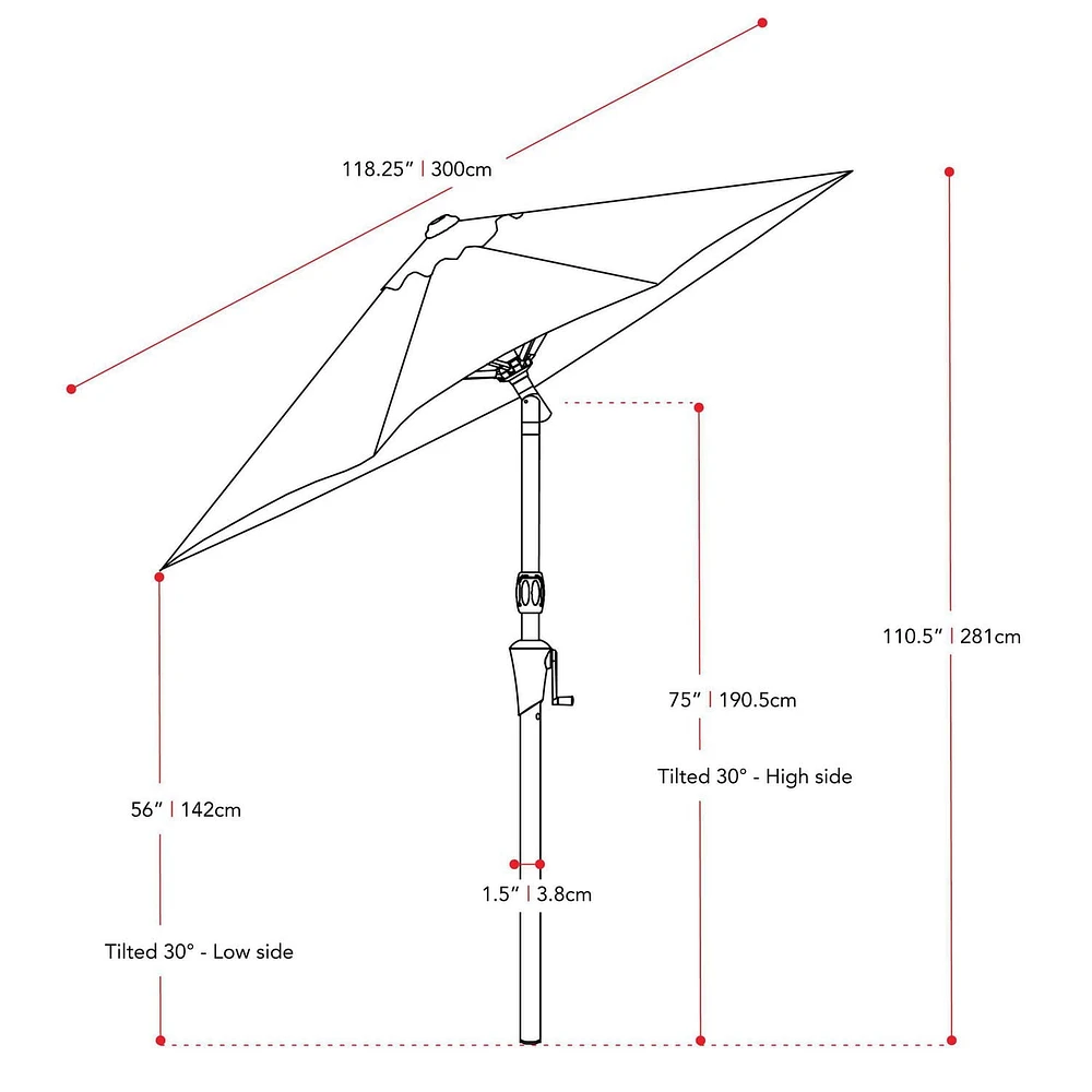 Parasol inclinable résistant au vent de 10p avec cadre en aluminium & en acier & base ronde