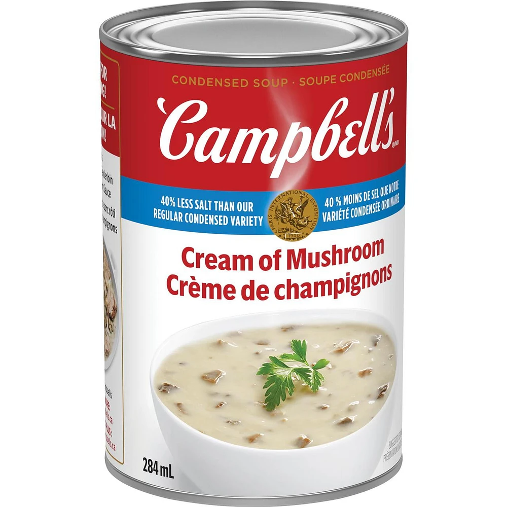 Soupe condensée Campbell’sMD, Crème de champignons 40% moins de sodium, longue conservation 284 ml