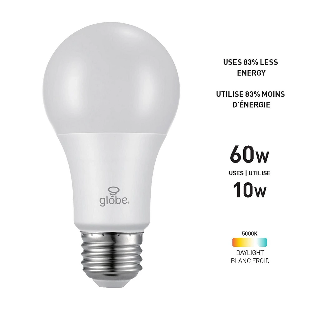 Ampoule en plastique DEL A19 gradable de Globe Electric, équivalente à un éclairage de jour de 60W (5000K), base E26, 800 lumens, 30995