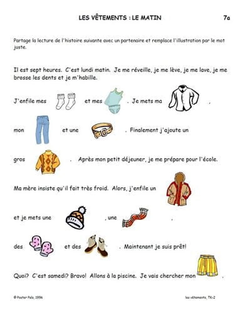 Activités reproductibles en français pour la classe de FLS sur les vêtements
