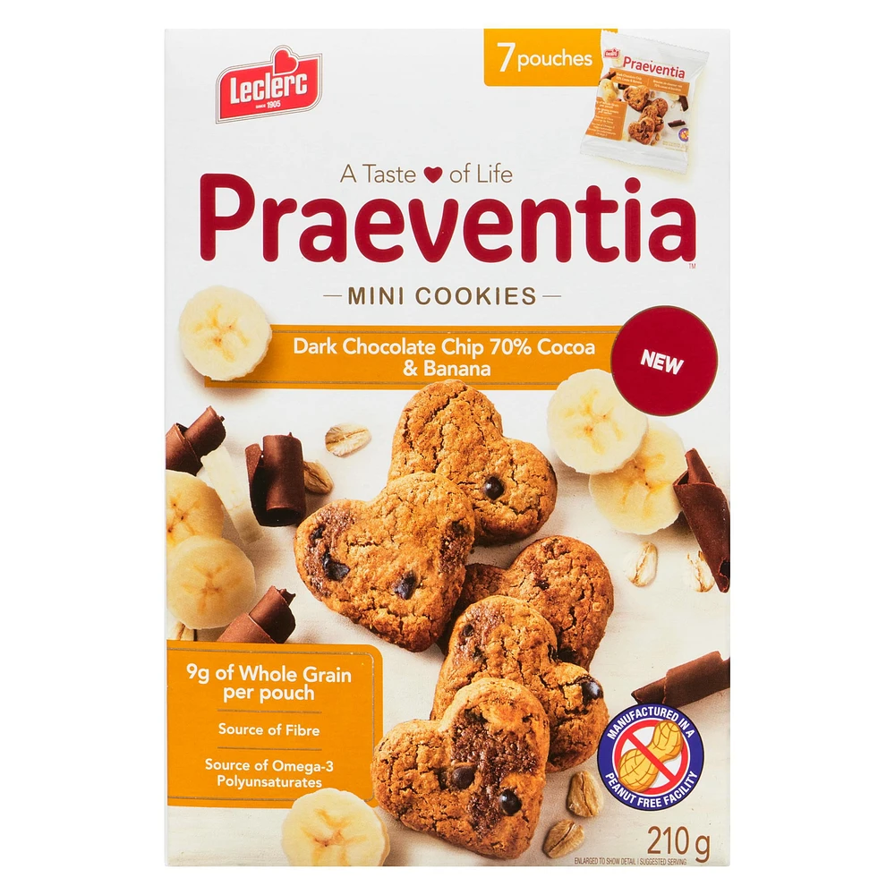 Praeventia Brisures de Chocolat Noir 70% Cacao et Bananes Mini Biscuits 210g/7 sachets