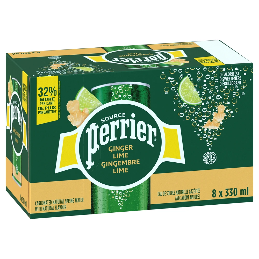 PERRIER Eau de source naturelle gazéifiée Gingembre et lime avec arôme naturel, sans calories, ni édulcorants, ni sodium, canette 2.64 kg