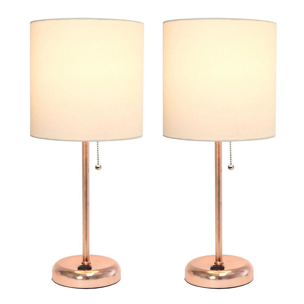 LimeLights Lampe bâton en or rose avec prise de charge et abat-jour en tissu, lot de 2