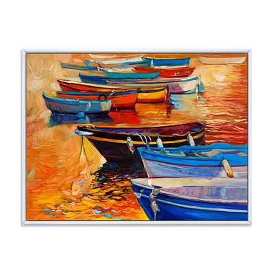 Designart Bateaux dans le port pendant le coucher du soleil chaud de Colourd I ART MURAL À CADRE FLOTTÉ