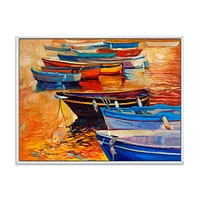 Designart Bateaux dans le port pendant le coucher du soleil chaud de Colourd I ART MURAL À CADRE FLOTTÉ