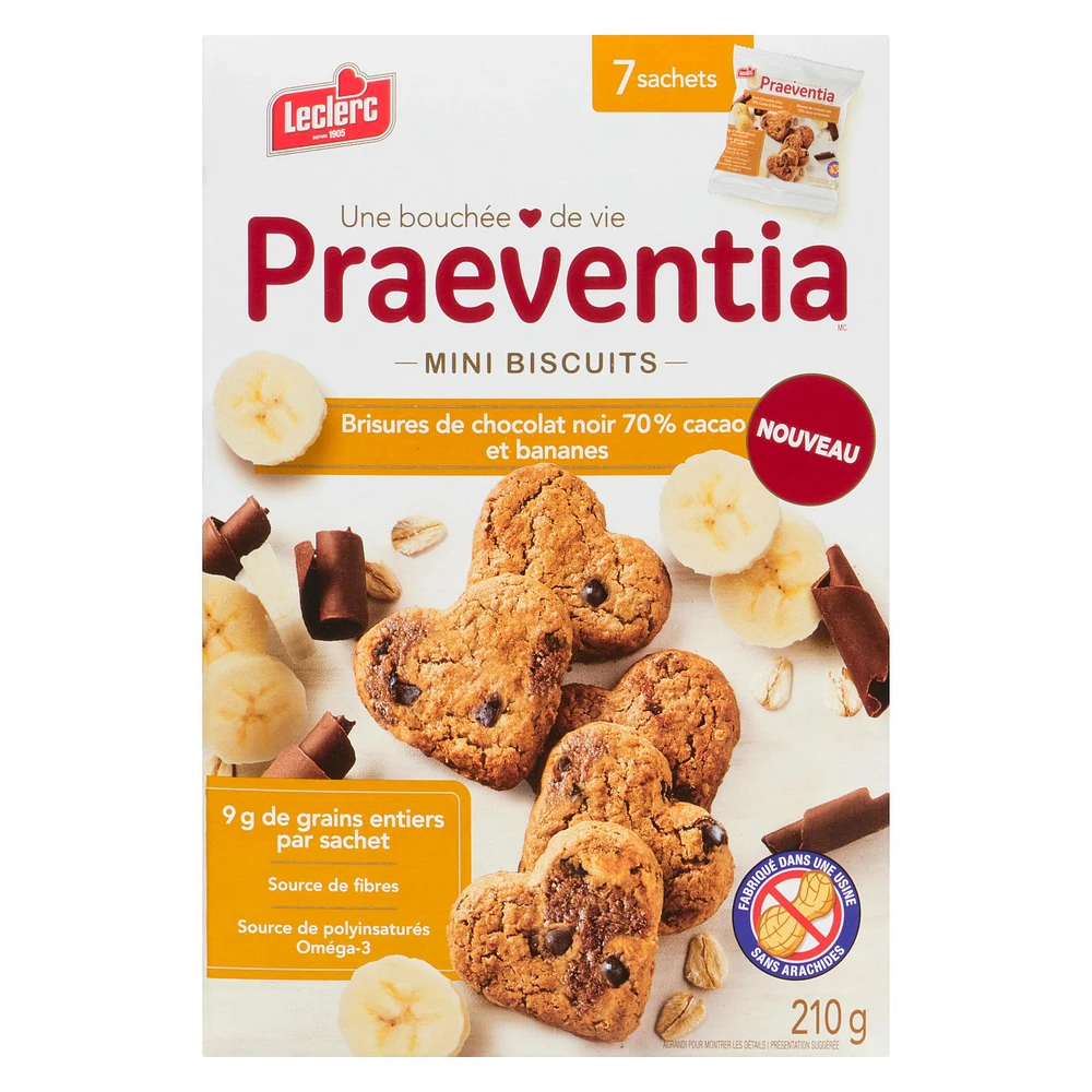 Praeventia Brisures de Chocolat Noir 70% Cacao et Bananes Mini Biscuits 210g/7 sachets