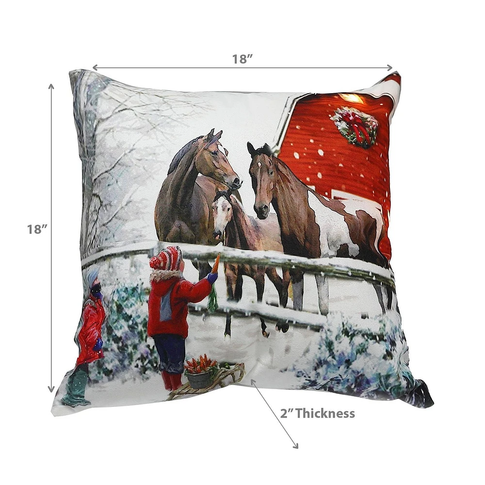 Christmas Led Velvet Cushion Enfants Nourrissant Les Chevaux 18X18 - Ensemble De 2