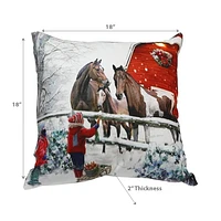 Christmas Led Velvet Cushion Enfants Nourrissant Les Chevaux 18X18 - Ensemble De 2