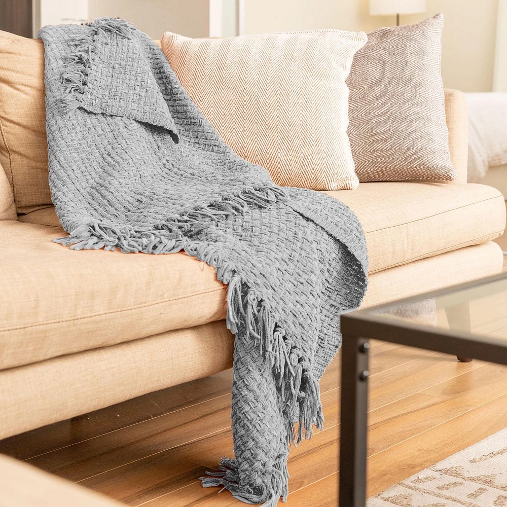 Jeté en tricot natté en chenille avec frange, couverture légère et respirante en chenille pour canapé, chaise, lit, usage extérieur