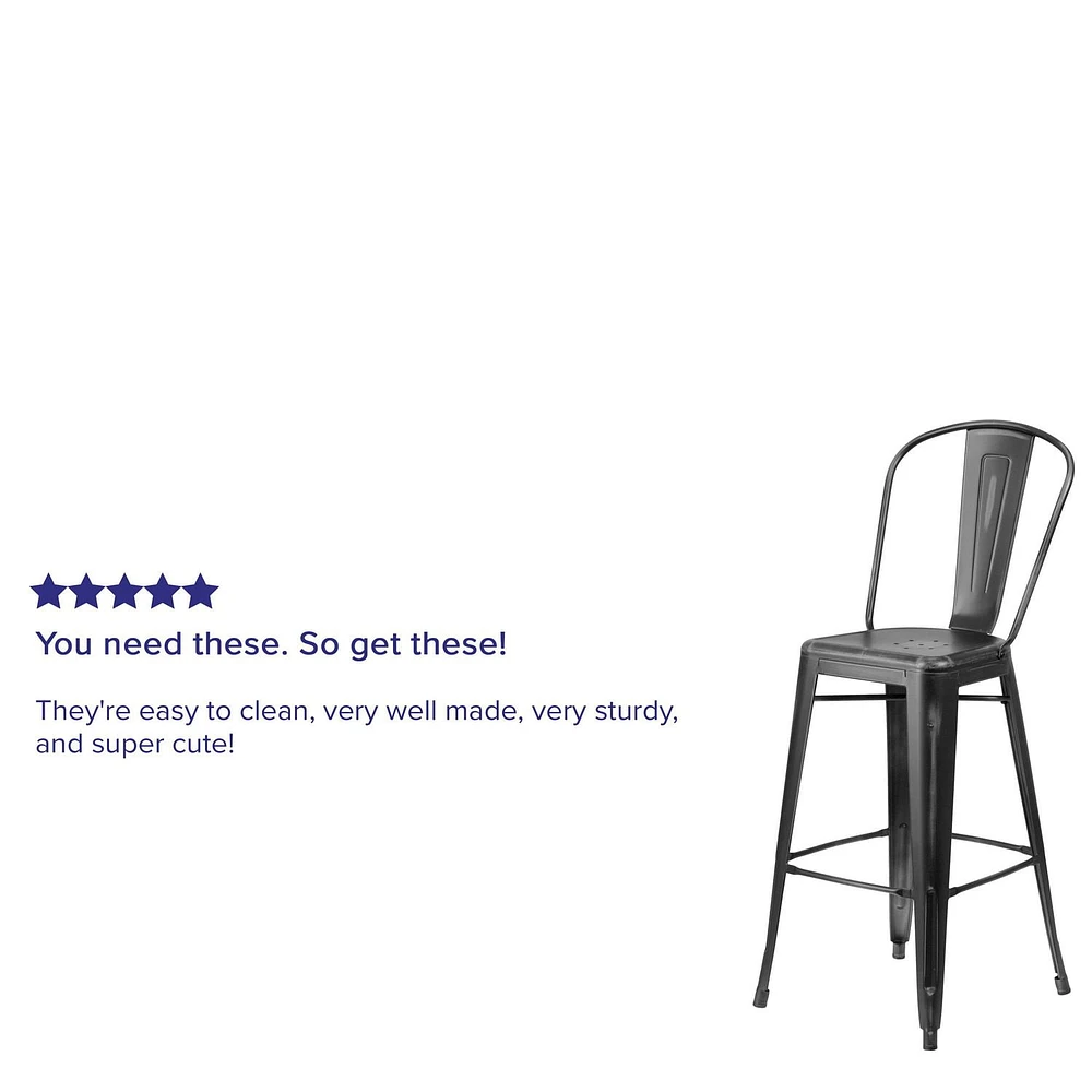 Tabouret de bar en métal vieilli noir de 30 pouces de hauteur pour l'intérieur et l'extérieur avec dossier
