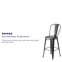 Tabouret de bar en métal vieilli noir de 30 pouces de hauteur pour l'intérieur et l'extérieur avec dossier