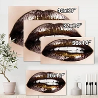 Designart Black Gold Lips Biting Canvas Wall Art