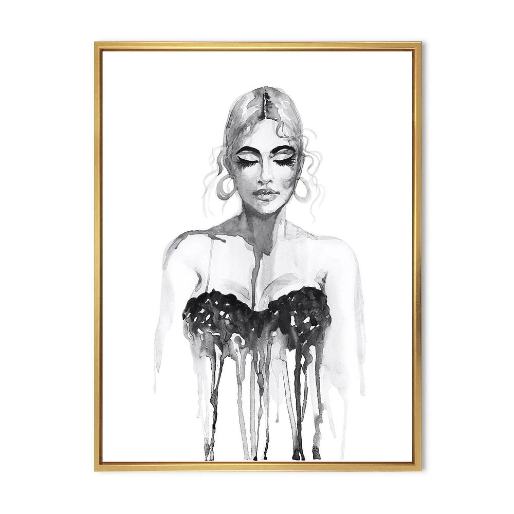 Designart Portrait monochrome de femme portant une robe de soirée ART MURAL À CADRE FLOTT