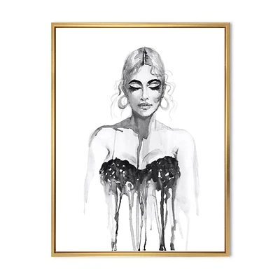 Designart Portrait monochrome de femme portant une robe de soirée ART MURAL À CADRE FLOTT