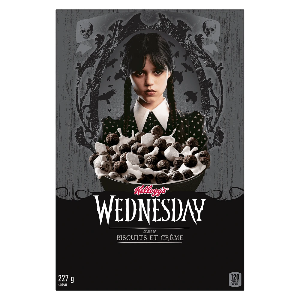 Kellogg's® Wednesday Cookies & Creme Flavour Cereal 227g- Crunchy Chocolatey Spheres, Kellogg's® Wednesday Cookies & Creme Flavour Cereal 227g