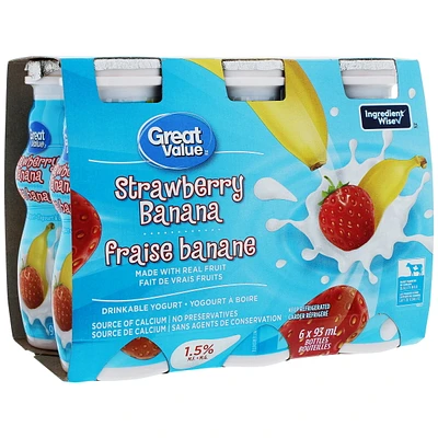 Great Value Strawberry Banana Drinkable Yogurt, 6 x 93 mL