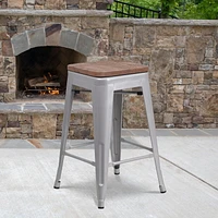 4 Pk. 24" High Backless Silver Metal Counter Height Stool with Square Wood Seat