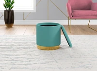 Safdie & Co. Ottoman de Rangement Cylindrique Repose-Pieds Banquette Siège de Salon Velours Aqua avec Métal Doré pour Salon Dressing ou Chambre à Coucher