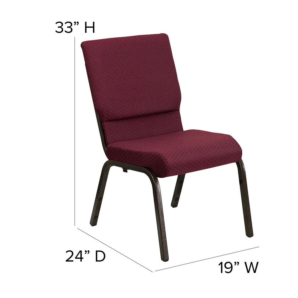 Chaise d'église empilable de 18,5 pouces de largeur de la série HERCULES en tissu bourgogne à motif - Cadre veine d'or