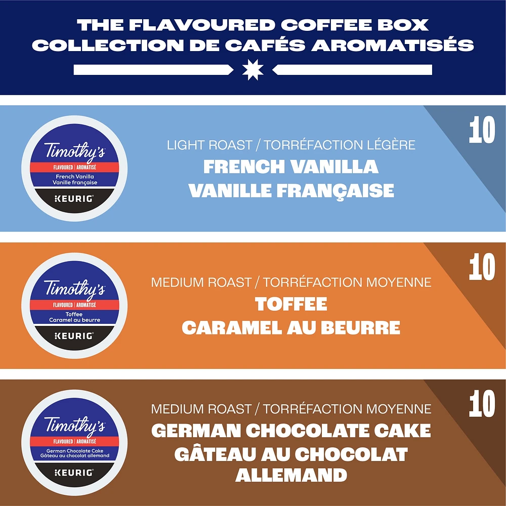 Timothy’s Flavoured Coffee Box, Light to Medium Roast, K-Cup Coffee Pods, 30 Count