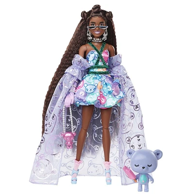 Barbie Extra Fancy Poupée, robe à imprimé oursons avec animal